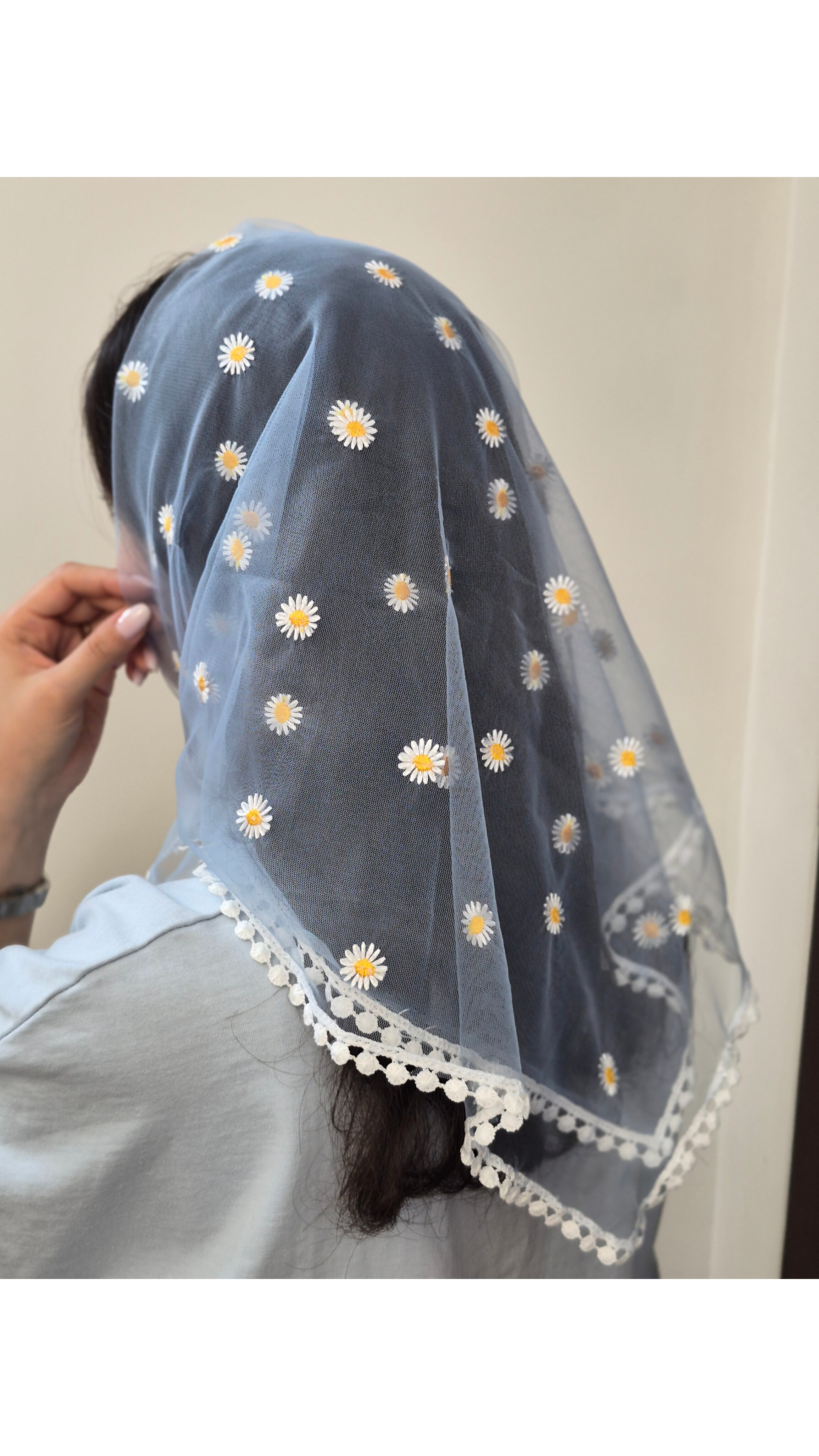 مینی اسکارف توری گل بابونه آبی